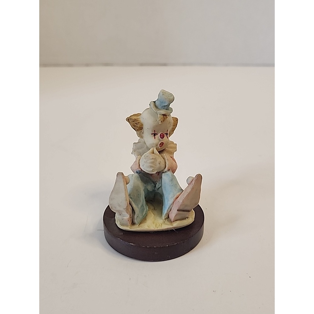 Albert E. Price Small Sitting Clown Figurine On Wooden Base‎  2.75" X 2.25"